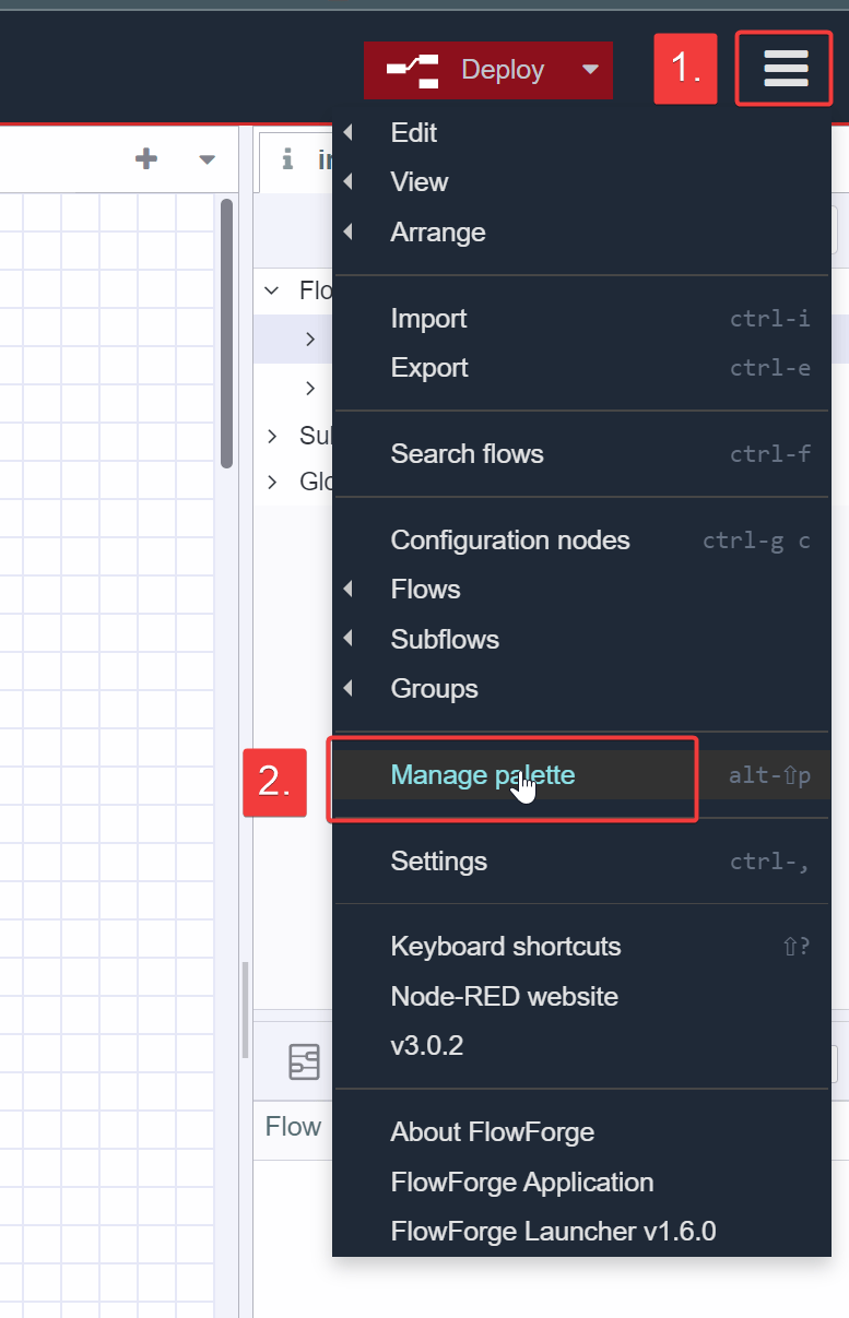 Screenshot showing the 'Manage palette option' in the menu