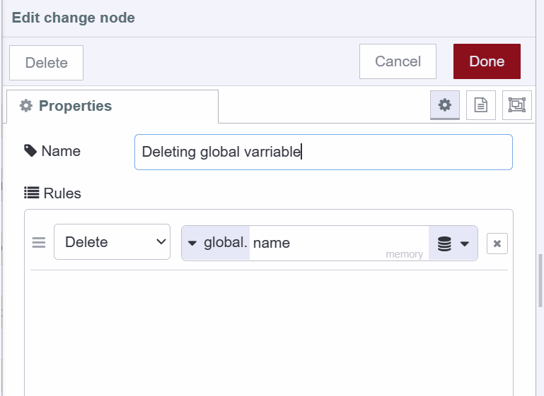 Screenshot showing how to delete global variable using the change node "Screenshot showing how to delete global variable using the change node"